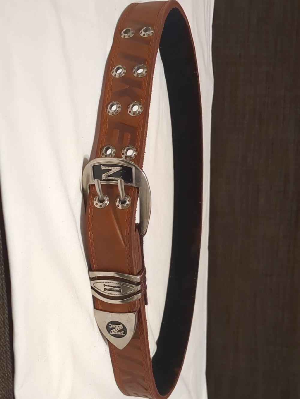 Vintage Mens Brown Leather- Metal Buckle Belt 36-42 Engraved 90s Country Western